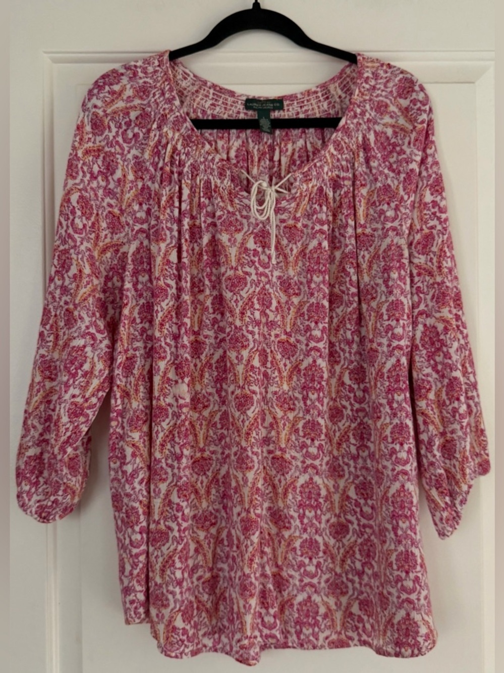 Lauren Jeans Co. Ralph Lauren Pink Paisley Tie-Neck Peasant Blouse